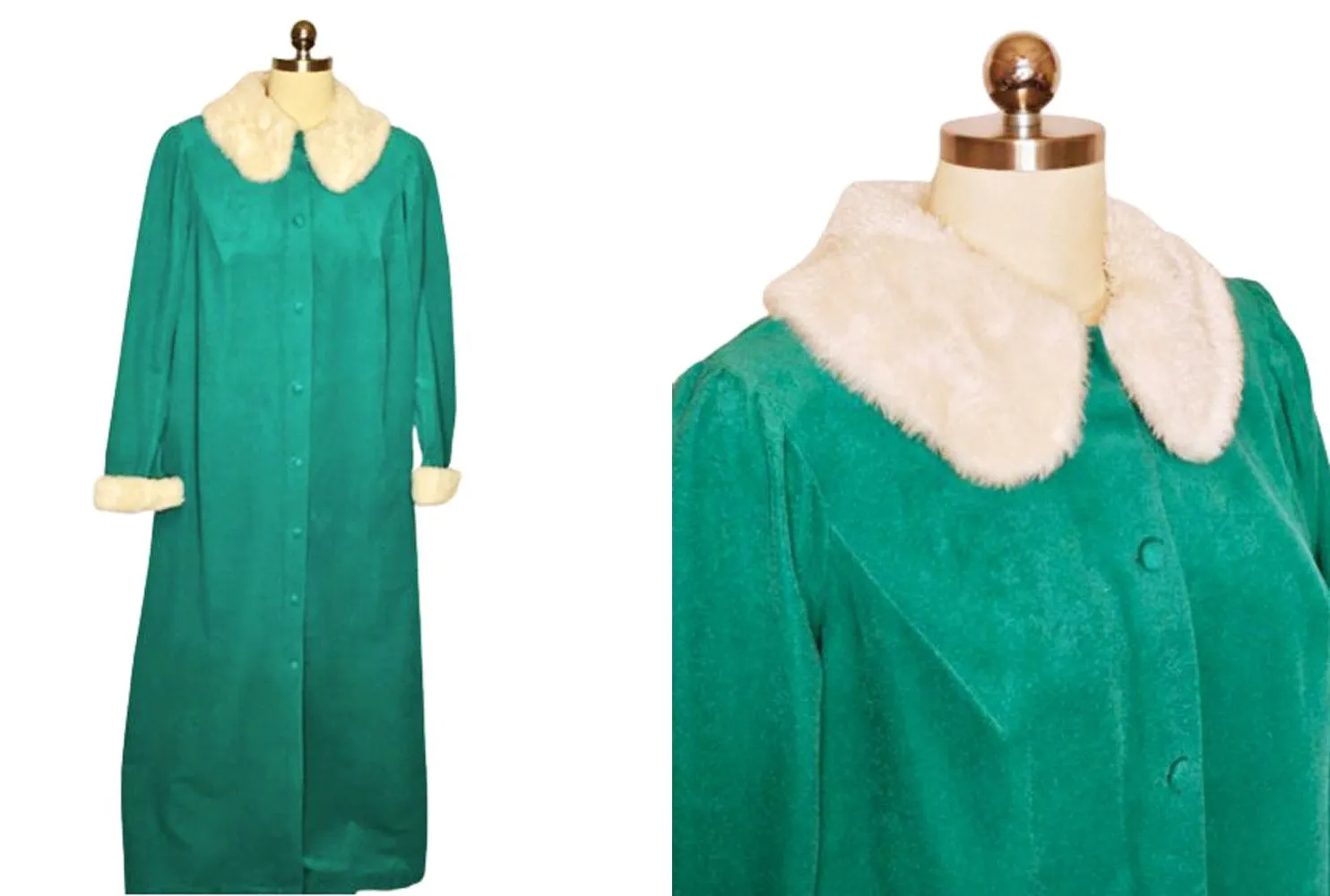 *  VINTAGE HENSON KICKERNICK VELOUR BUTTON UP FRONT ROBE IN EMERALD WITH FAUX FUR COLLAR AND CUFFS