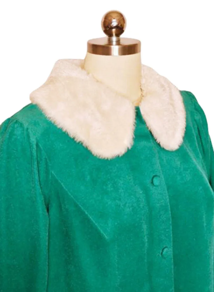 *  VINTAGE HENSON KICKERNICK VELOUR BUTTON UP FRONT ROBE IN EMERALD WITH FAUX FUR COLLAR AND CUFFS