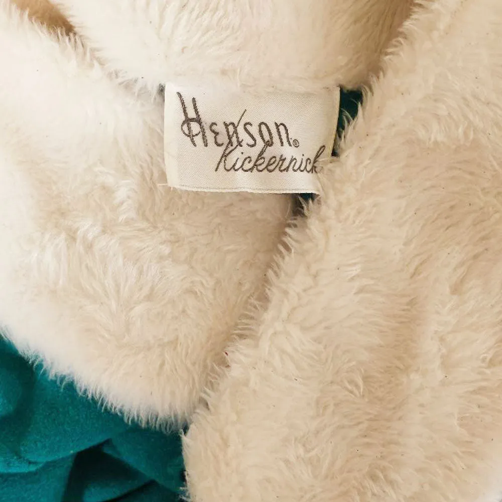 *  VINTAGE HENSON KICKERNICK VELOUR BUTTON UP FRONT ROBE IN EMERALD WITH FAUX FUR COLLAR AND CUFFS