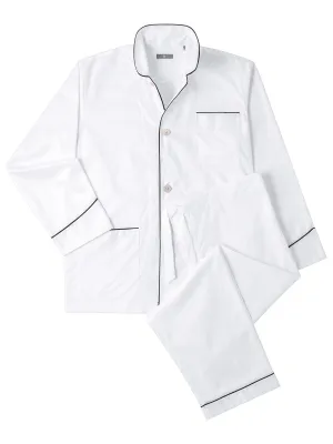 120s Cotton Twill White with Navy Piping Pajamas