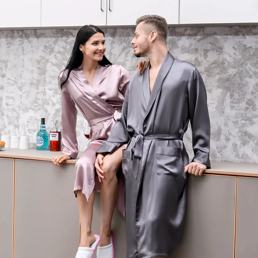 19 Momme Pink Grey Silk Couple Long  Bathrobe Sets