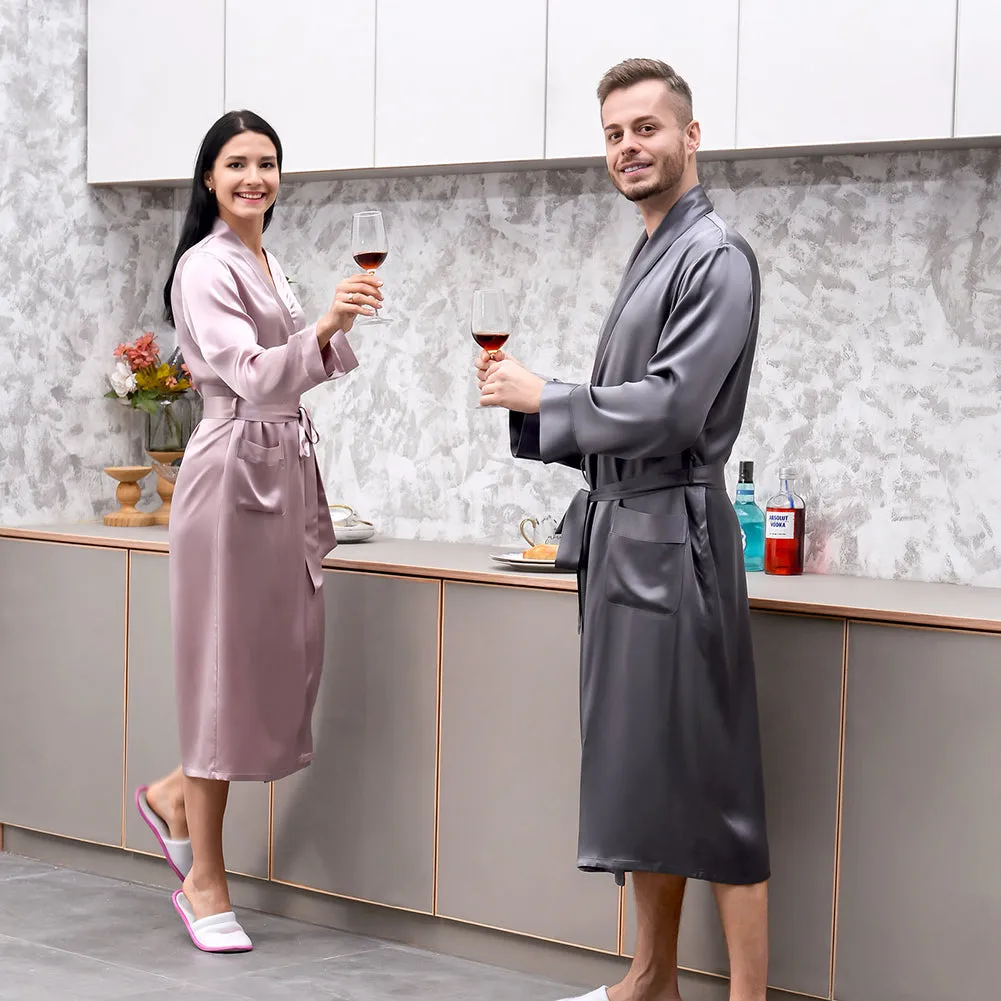 19 Momme Pink Grey Silk Couple Long  Bathrobe Sets