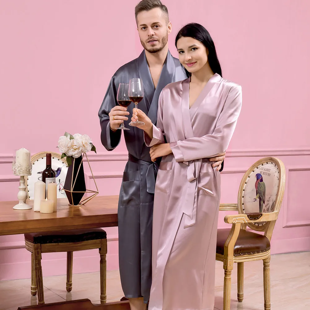 19 Momme Pink Grey Silk Couple Long  Bathrobe Sets