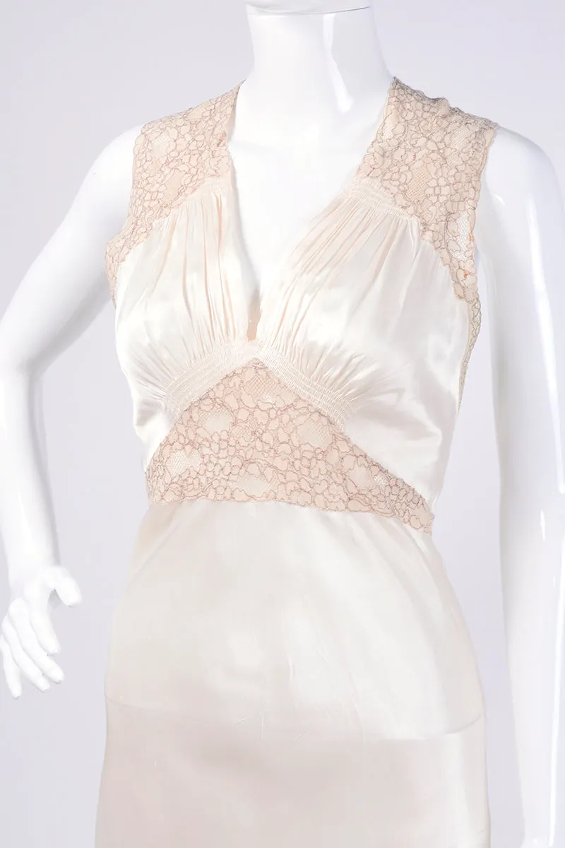 1940s Pink Vintage Silk Bias Cut Nightgown with Lace Trim