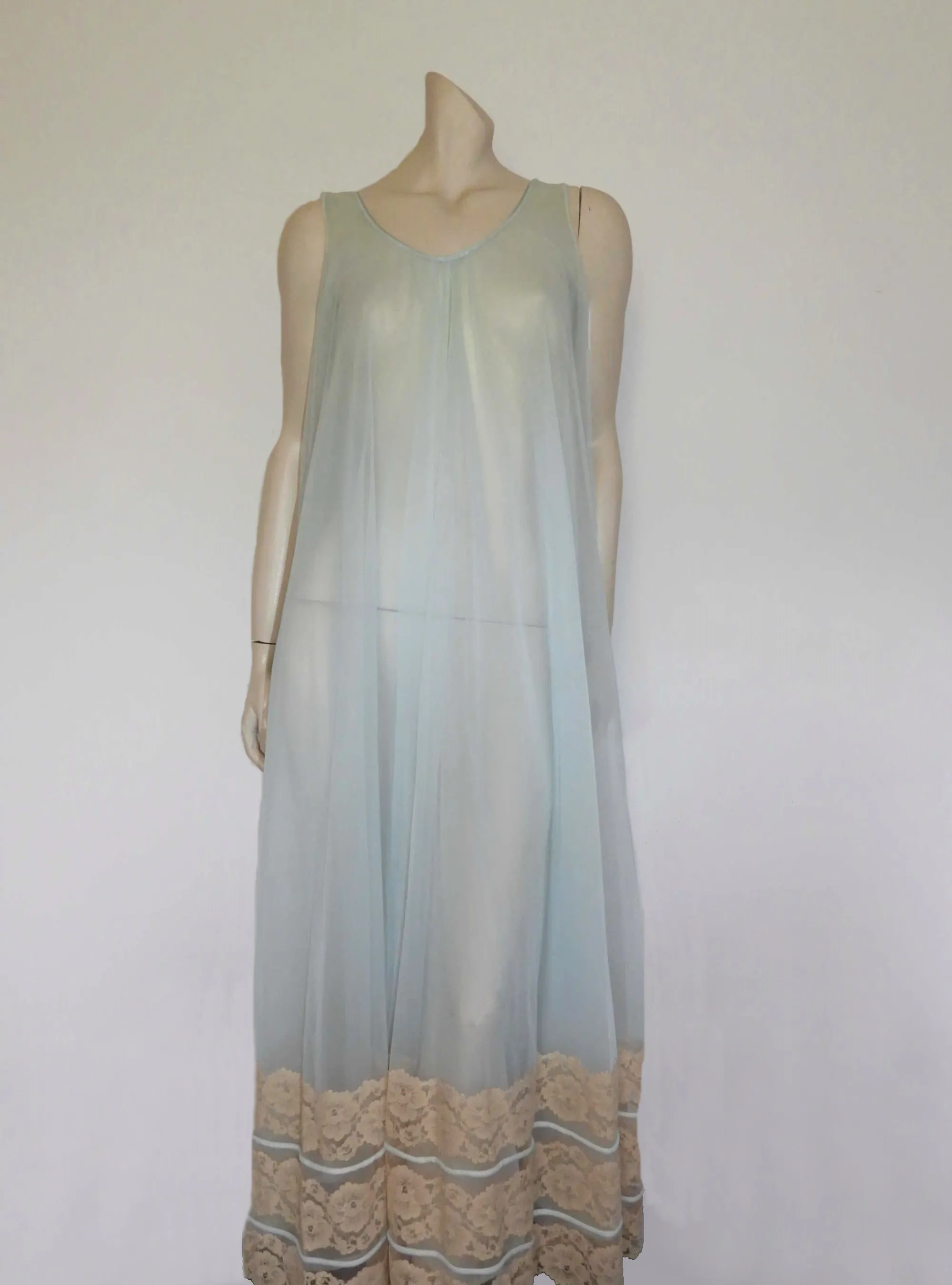1960s Sheer Ice Blue Nightgown With Deep Lace Border - M