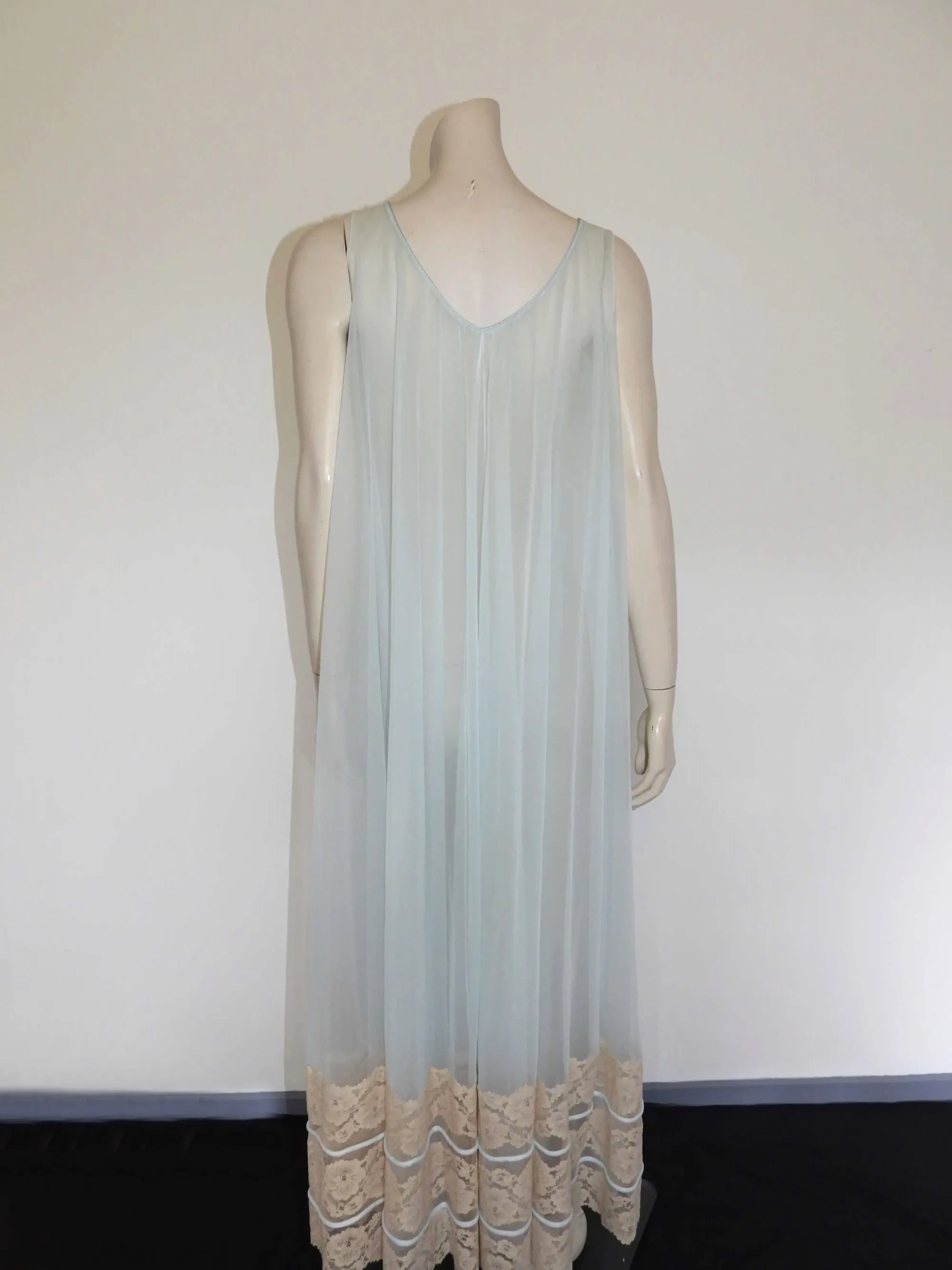 1960s Sheer Ice Blue Nightgown With Deep Lace Border - M