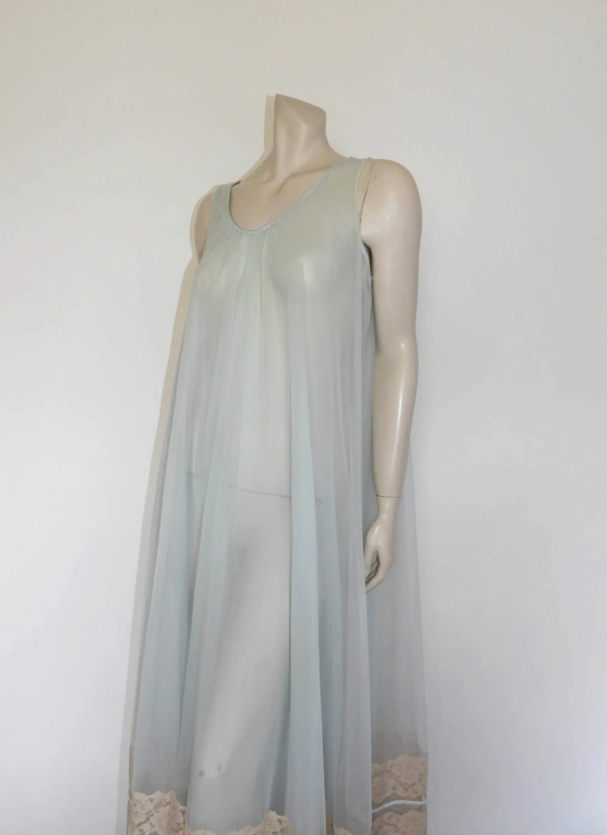 1960s Sheer Ice Blue Nightgown With Deep Lace Border - M