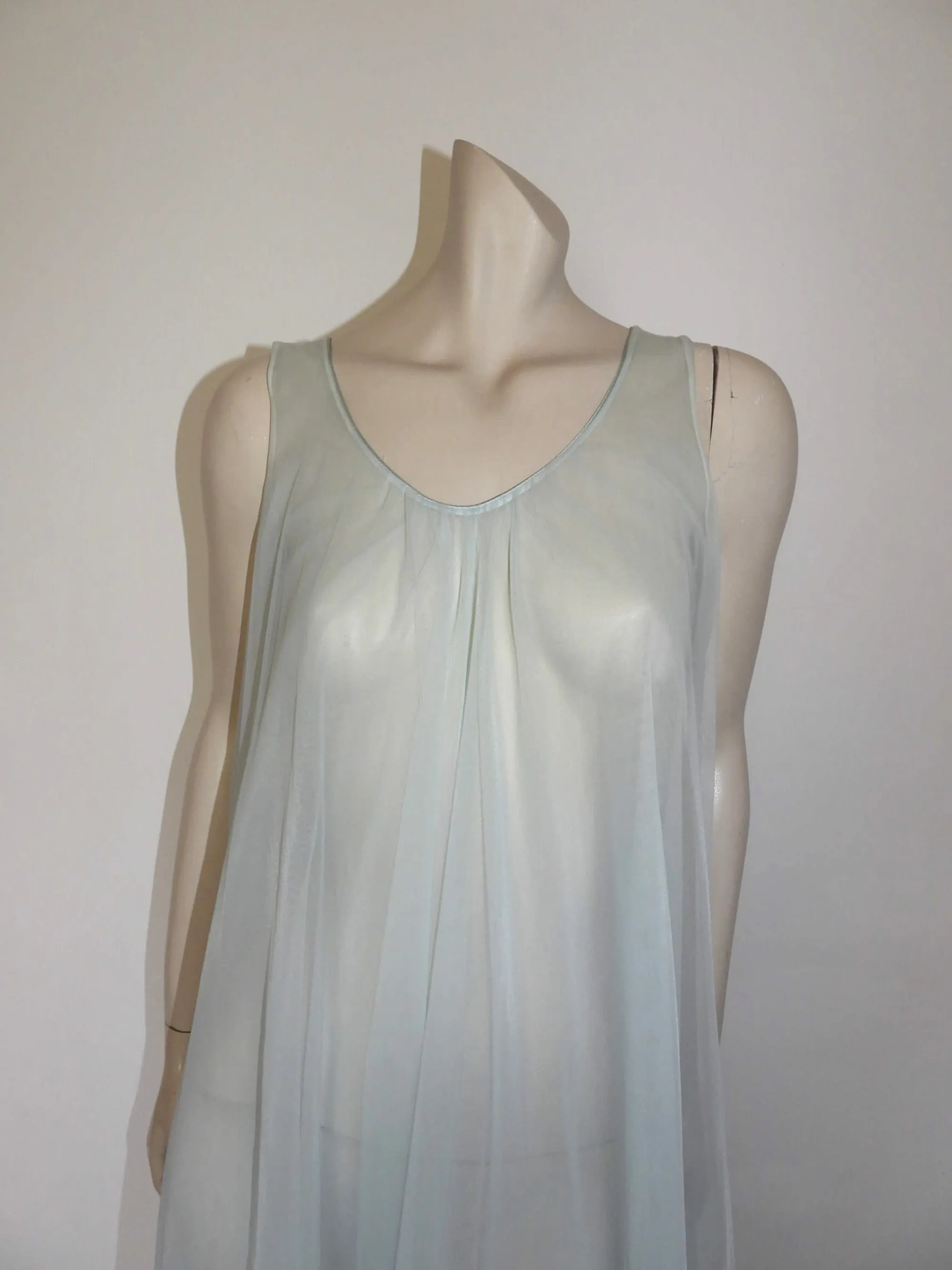 1960s Sheer Ice Blue Nightgown With Deep Lace Border - M