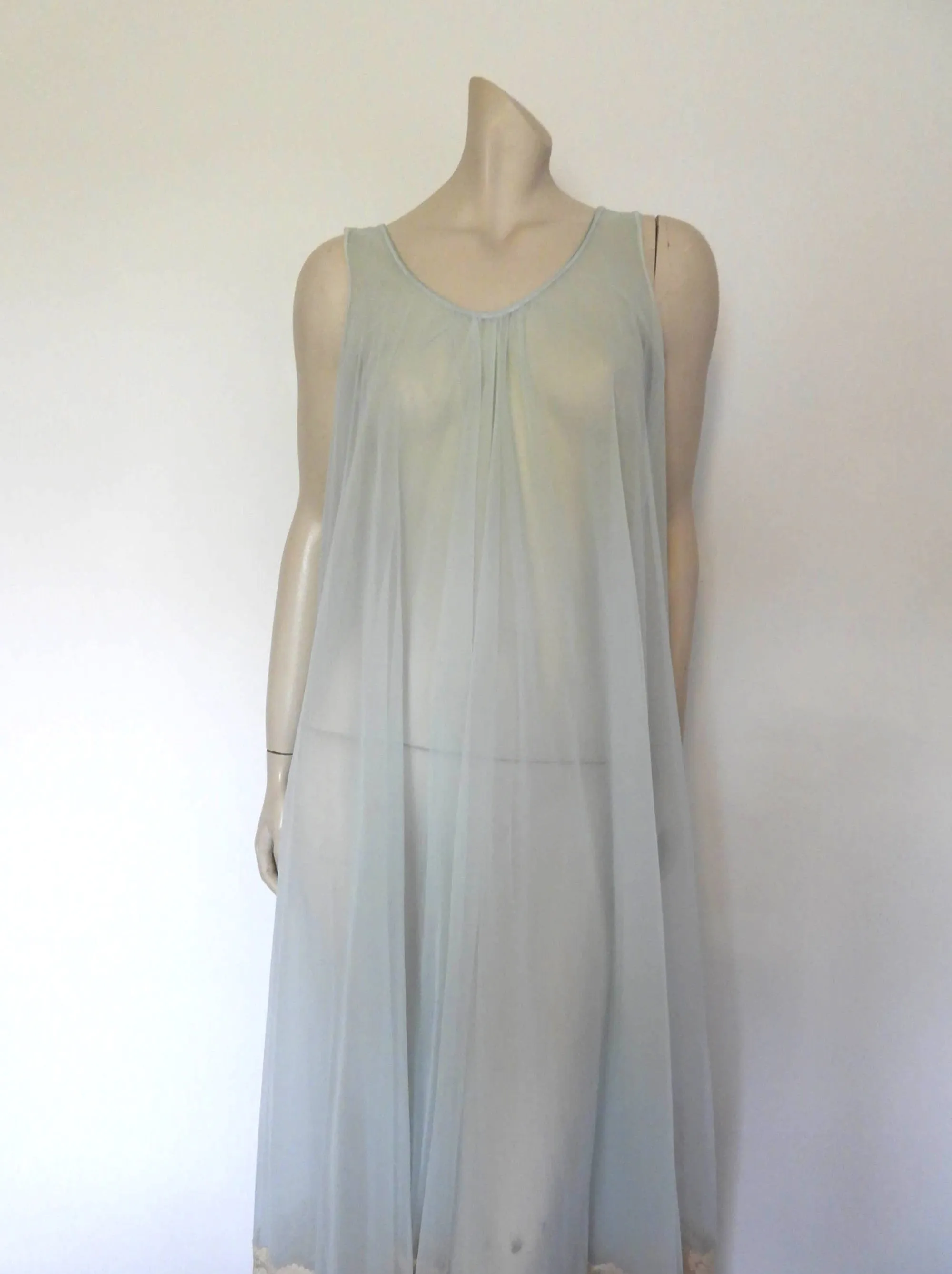 1960s Sheer Ice Blue Nightgown With Deep Lace Border - M