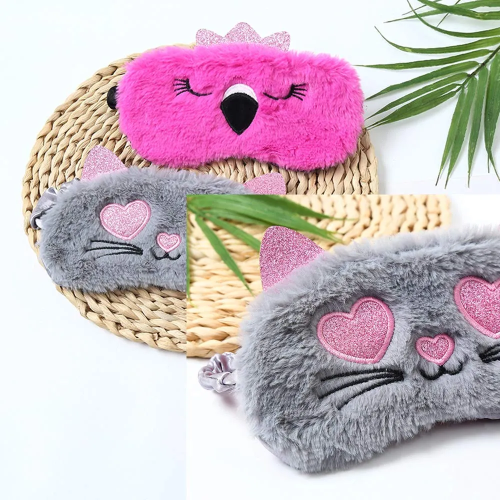 2 Pcs Animal Sleep Eye Mask Cute Funny 3D Soft Fluffy Cartoon Eye Mask Elastic Eye Cover Eye Shade Sleeping Mask for Travel Sleepover Pajamas Slumber Party Favors Accessories