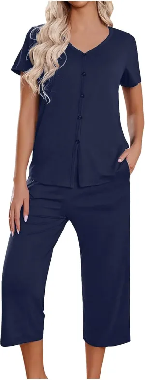 2 Piece Pajamas Set for Women Casual V Neck Button-On Short Sleeve Shirts and Capri Lounge Pant 2 Pjs Set