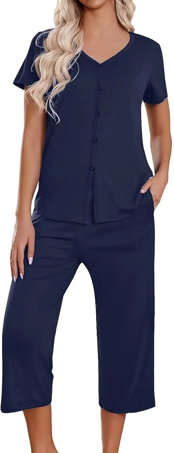 2 Piece Pajamas Set for Women Casual V Neck Button-On Short Sleeve Shirts and Capri Lounge Pant 2 Pjs Set