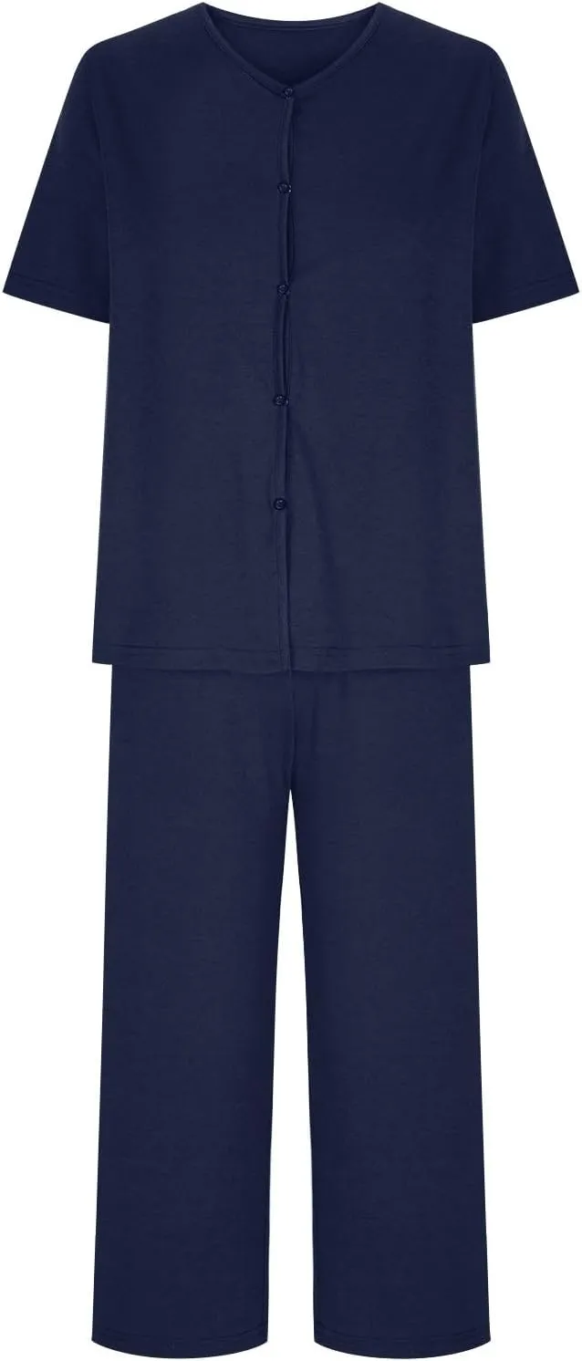 2 Piece Pajamas Set for Women Casual V Neck Button-On Short Sleeve Shirts and Capri Lounge Pant 2 Pjs Set