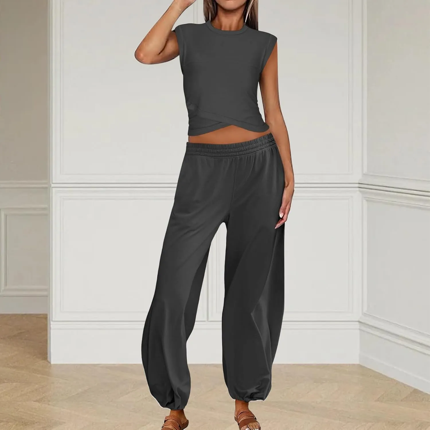 2 Piece Workout Sets for Women Yoga Tank Top and Baggy Casual Harem Pants Outfits Tracksuit Athletic Sets