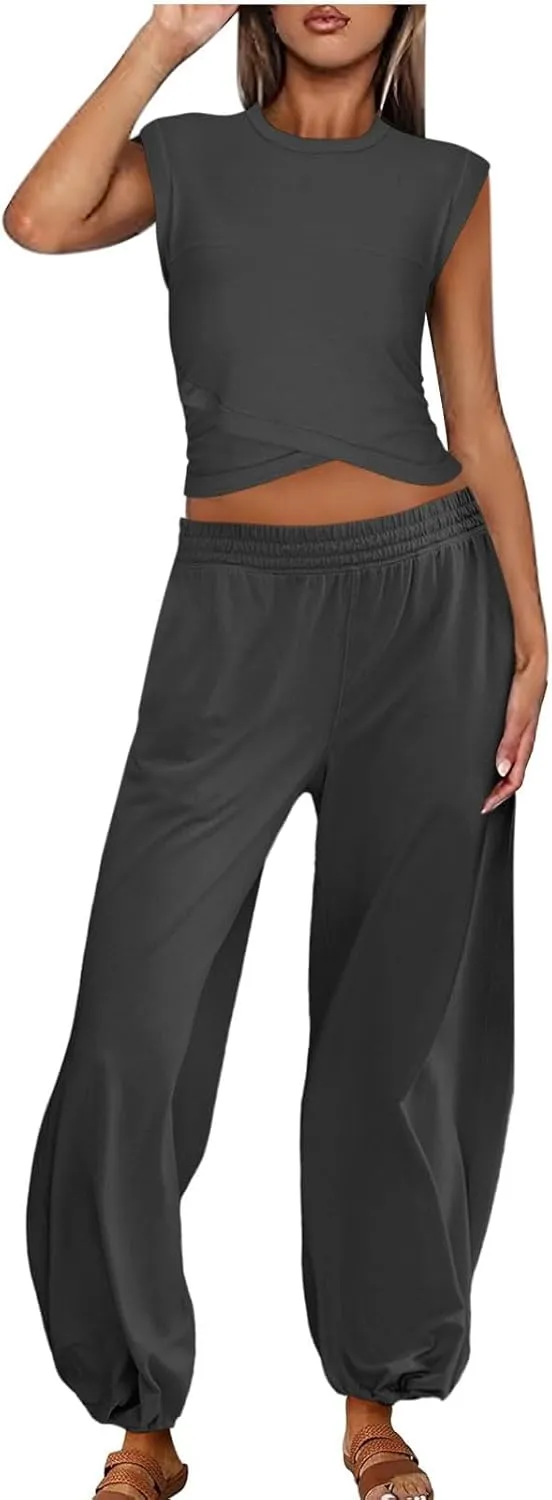2 Piece Workout Sets for Women Yoga Tank Top and Baggy Casual Harem Pants Outfits Tracksuit Athletic Sets