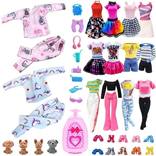 28 Pack Girl Dolls Clothes and Accessories, 2 Storytelling Pajamas, 3 Fashion Dresses, 3 Clothing Outfits, 10 Shoes, Travel Set for 11.5 inch Dolls, Mini School Supplies