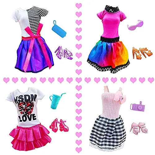 28 Pack Girl Dolls Clothes and Accessories, 2 Storytelling Pajamas, 3 Fashion Dresses, 3 Clothing Outfits, 10 Shoes, Travel Set for 11.5 inch Dolls, Mini School Supplies