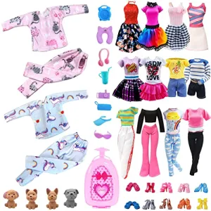 28 Pack Girl Dolls Clothes and Accessories, 2 Storytelling Pajamas, 3 Fashion Dresses, 3 Clothing Outfits, 10 Shoes, Travel Set for 11.5 inch Dolls, Mini School Supplies