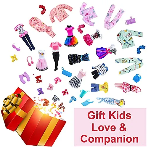 28 Pack Girl Dolls Clothes and Accessories, 2 Storytelling Pajamas, 3 Fashion Dresses, 3 Clothing Outfits, 10 Shoes, Travel Set for 11.5 inch Dolls, Mini School Supplies