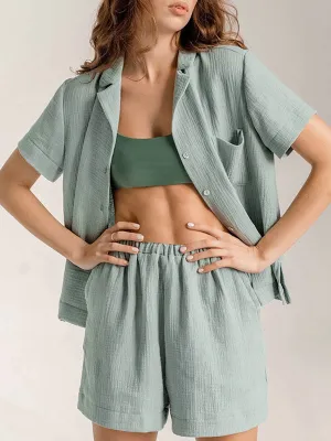 2Pcs Linen Shirt Shorts Sleeve Loungewear
