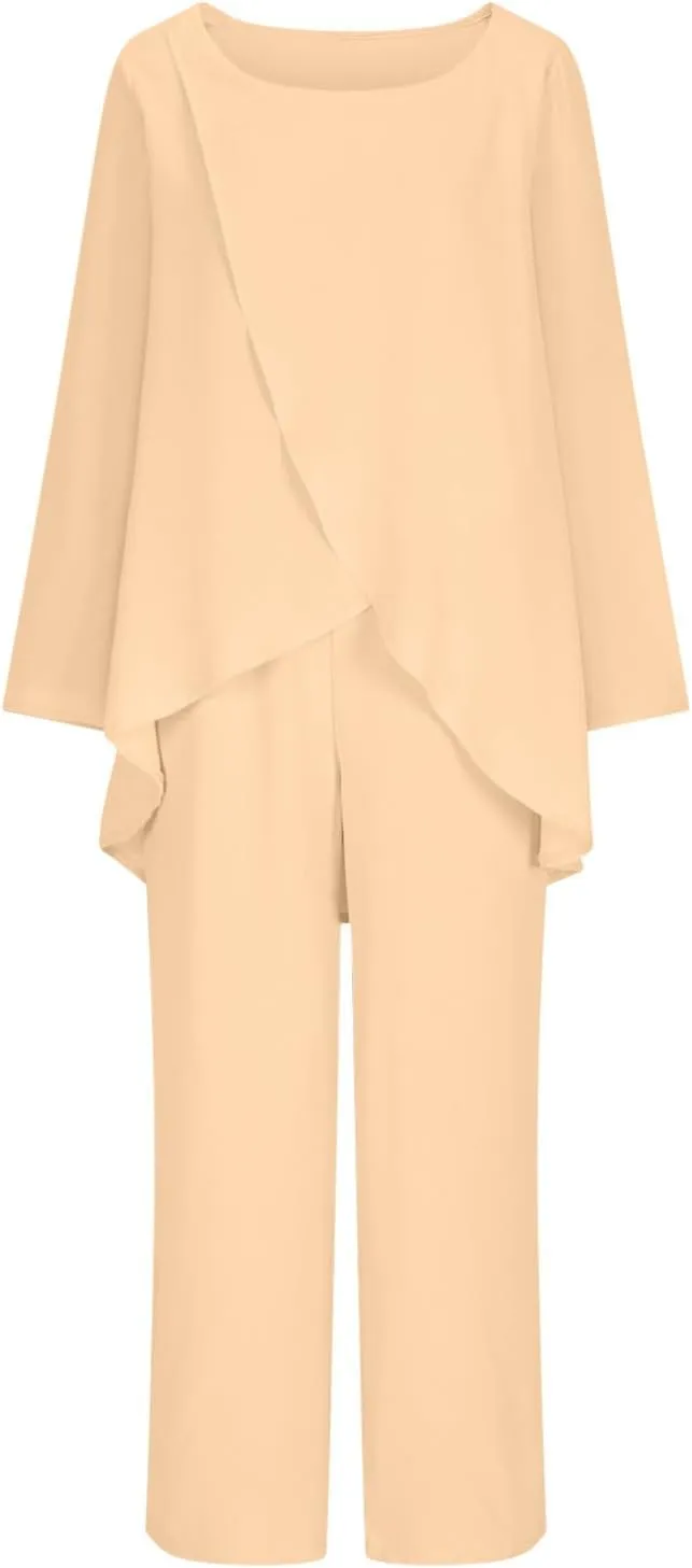 2Piece Dressy Sets Women Wrap Cross Lounge Outfits Long Sleeve Tunic Tops and Wide Leg Pants Loose Flowy Tracksuits
