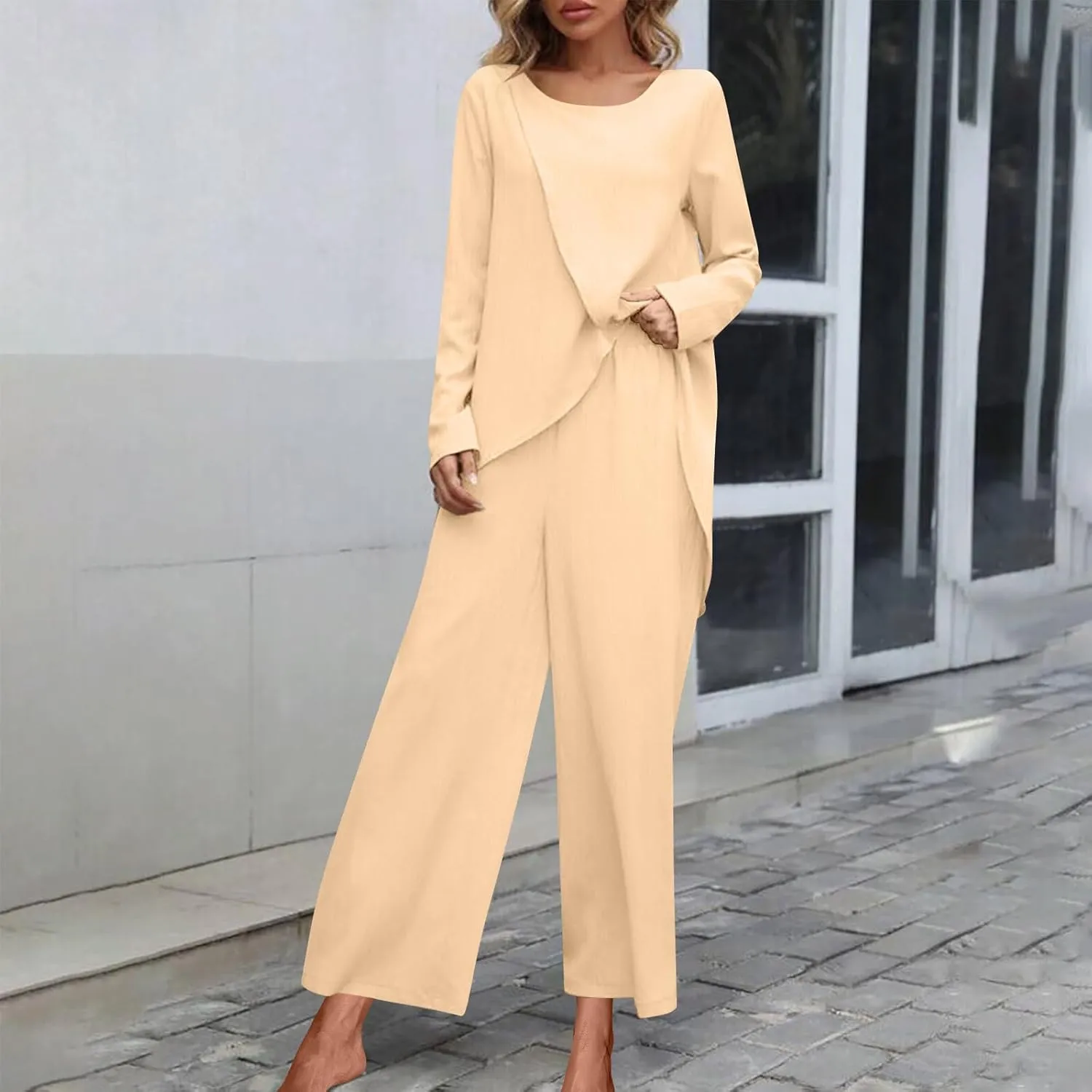 2Piece Dressy Sets Women Wrap Cross Lounge Outfits Long Sleeve Tunic Tops and Wide Leg Pants Loose Flowy Tracksuits