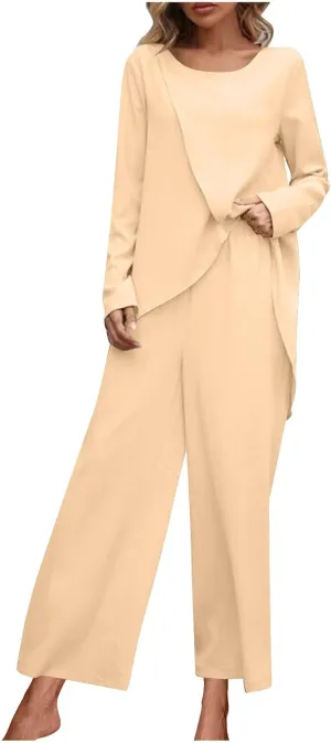 2Piece Dressy Sets Women Wrap Cross Lounge Outfits Long Sleeve Tunic Tops and Wide Leg Pants Loose Flowy Tracksuits