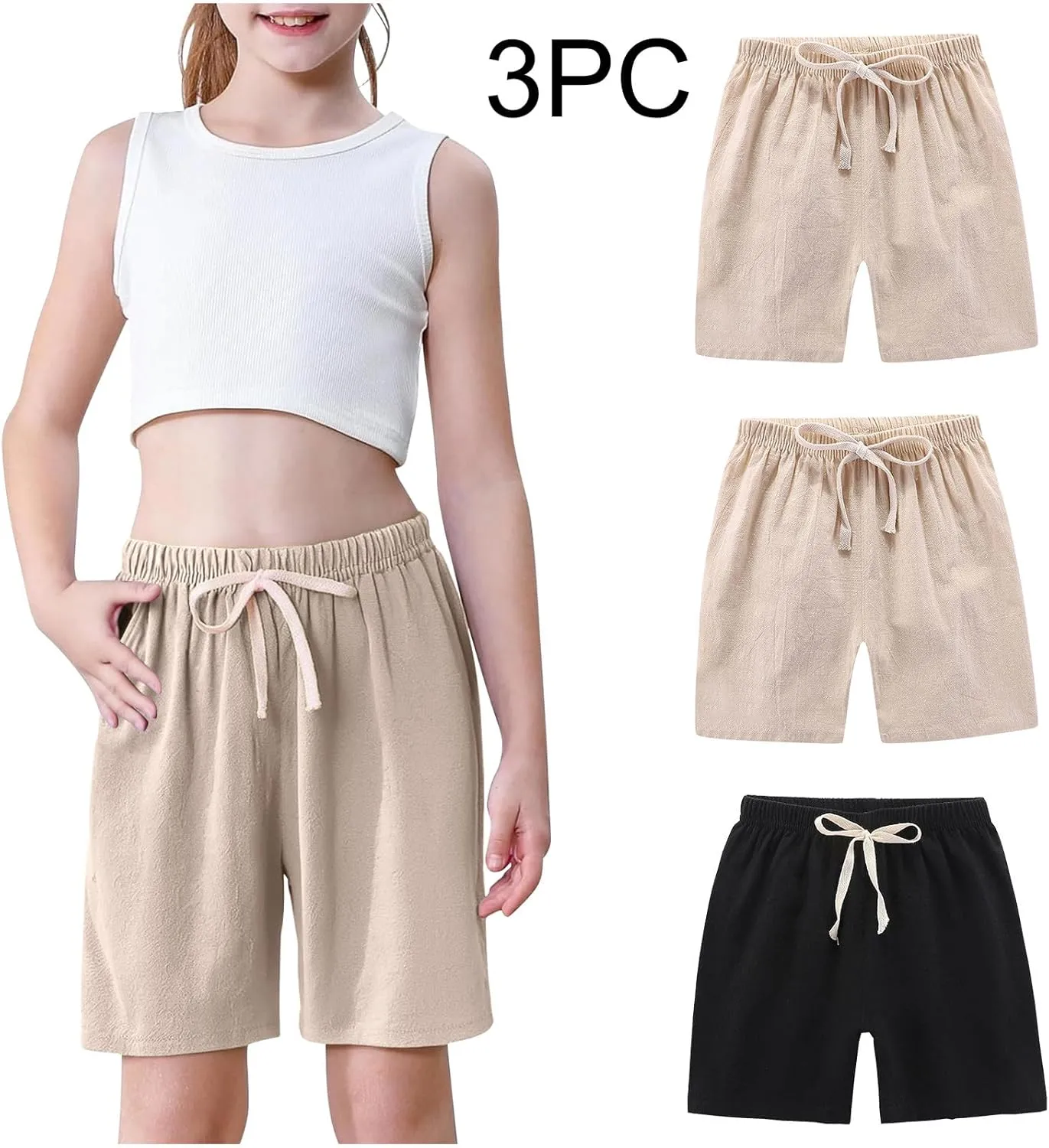 3 Pack Girls Shorts Size 10-12 Casual High Waisted Linen Short for Girls Summer Drawstring Running Athletic Shorts