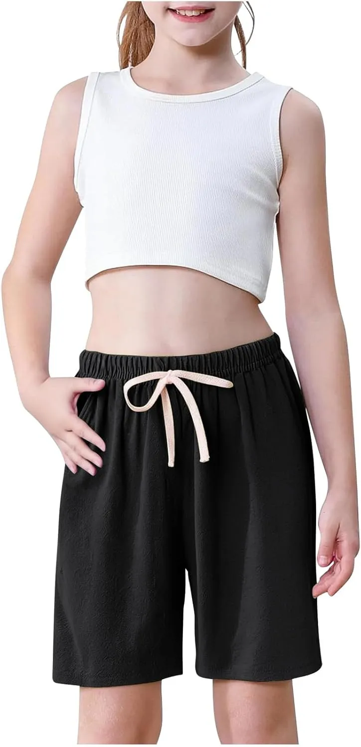 3 Pack Girls Shorts Size 10-12 Casual High Waisted Linen Short for Girls Summer Drawstring Running Athletic Shorts