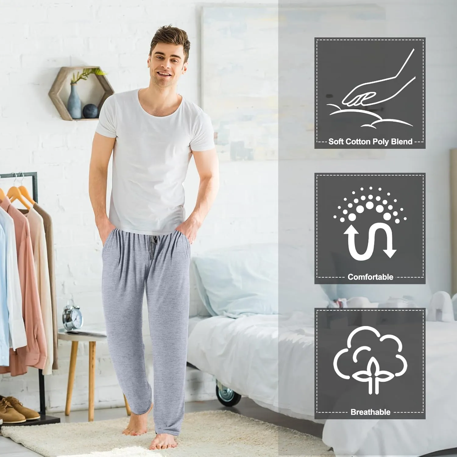 3 Pack Mens Cotton Sleepwear Pajamas Pants with Pockets Soft Sleep Lounge Bottoms Sleep Pj Bottoms for Men