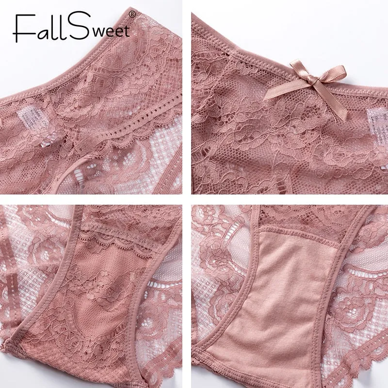 3 Pcs Women Panties Sexy Lace Underwear Set  Plus Size Briefs Transparent Lingerie Femme