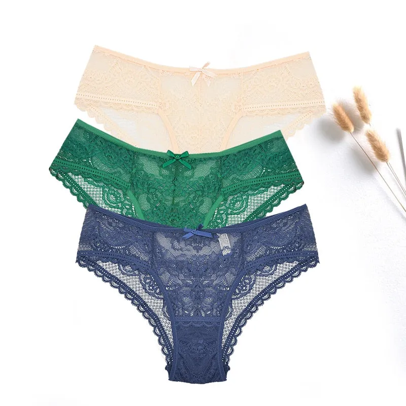 3 Pcs Women Panties Sexy Lace Underwear Set  Plus Size Briefs Transparent Lingerie Femme