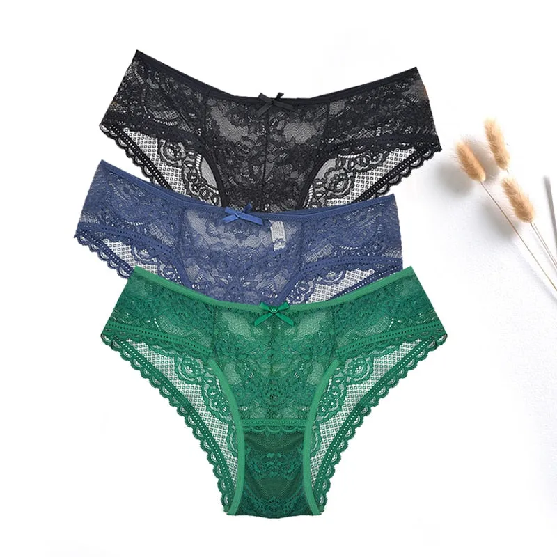 3 Pcs Women Panties Sexy Lace Underwear Set  Plus Size Briefs Transparent Lingerie Femme