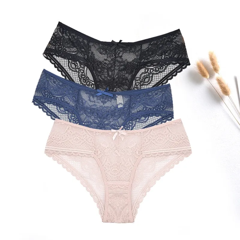 3 Pcs Women Panties Sexy Lace Underwear Set  Plus Size Briefs Transparent Lingerie Femme
