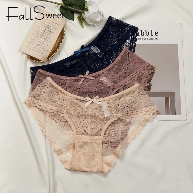 3 Pcs Women Panties Sexy Lace Underwear Set  Plus Size Briefs Transparent Lingerie Femme