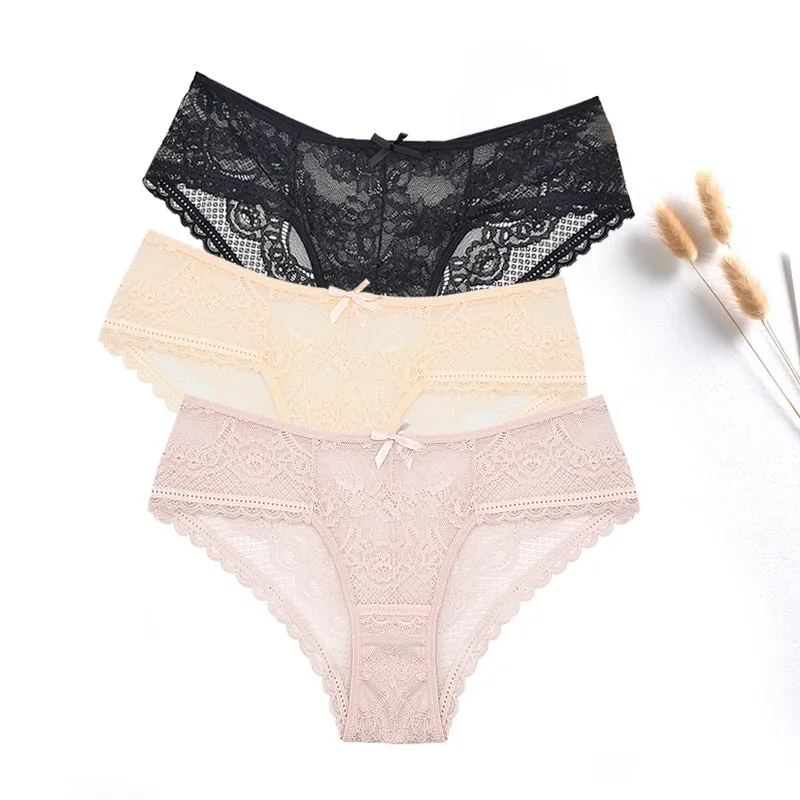 3 Pcs Women Panties Sexy Lace Underwear Set  Plus Size Briefs Transparent Lingerie Femme