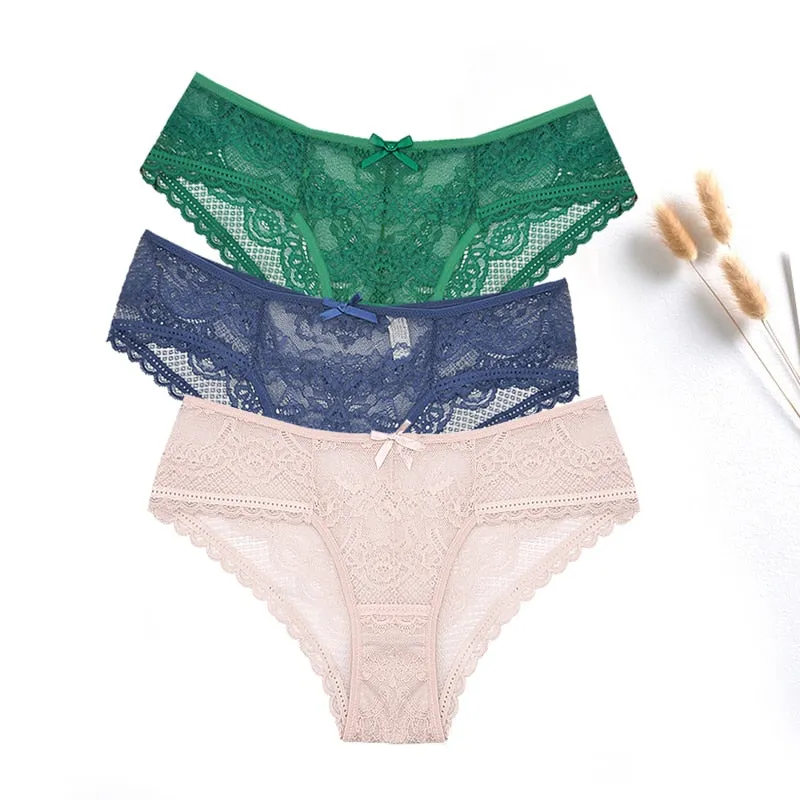 3 Pcs Women Panties Sexy Lace Underwear Set  Plus Size Briefs Transparent Lingerie Femme