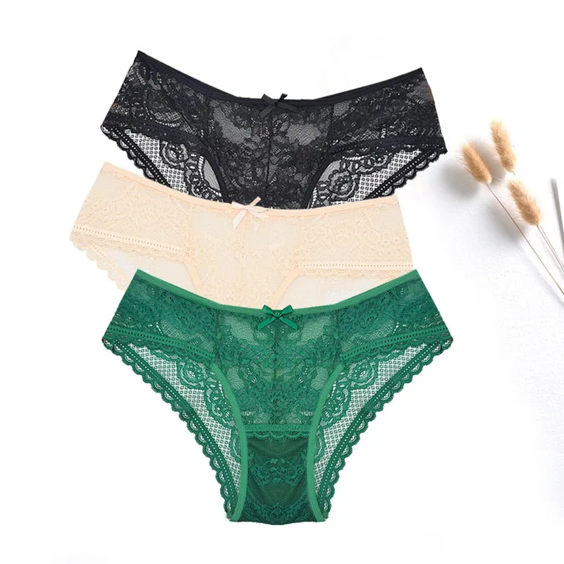 3 Pcs Women Panties Sexy Lace Underwear Set  Plus Size Briefs Transparent Lingerie Femme