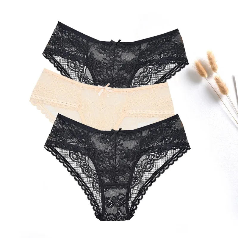 3 Pcs Women Panties Sexy Lace Underwear Set  Plus Size Briefs Transparent Lingerie Femme