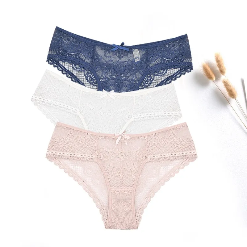 3 Pcs Women Panties Sexy Lace Underwear Set  Plus Size Briefs Transparent Lingerie Femme