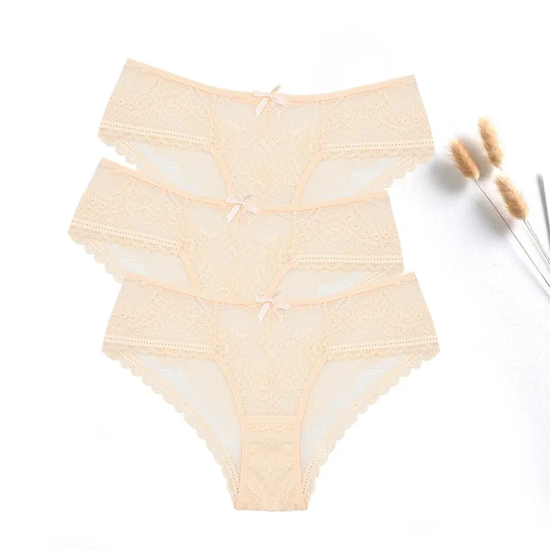 3 Pcs Women Panties Sexy Lace Underwear Set  Plus Size Briefs Transparent Lingerie Femme
