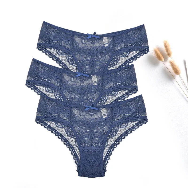 3 Pcs Women Panties Sexy Lace Underwear Set  Plus Size Briefs Transparent Lingerie Femme