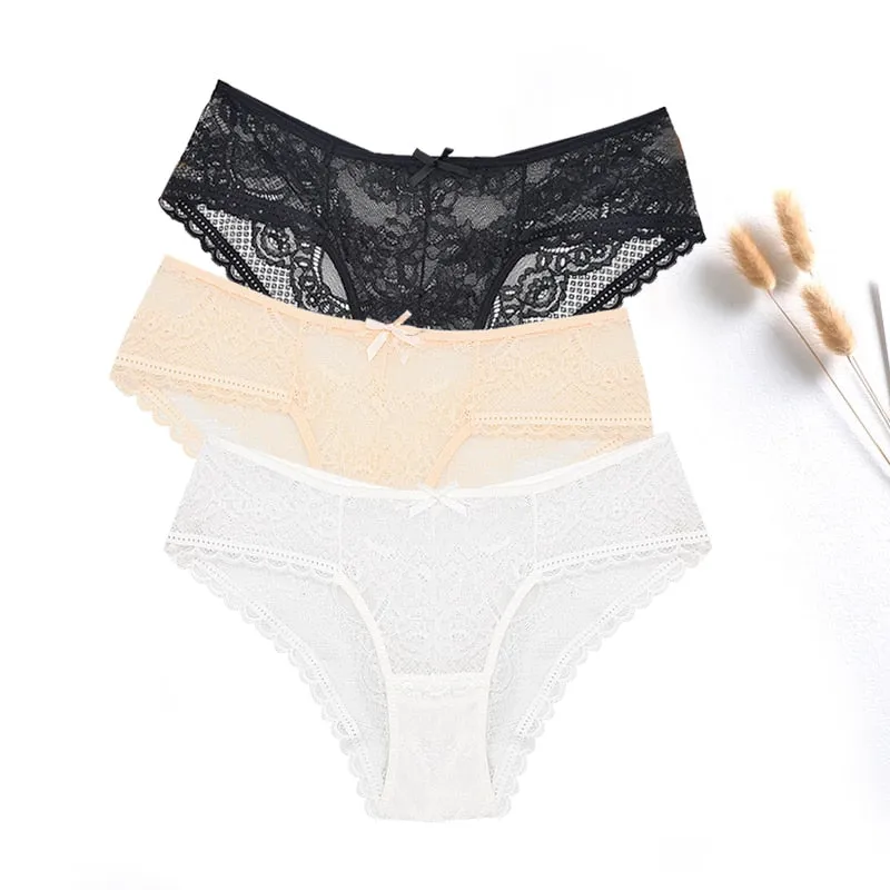 3 Pcs Women Panties Sexy Lace Underwear Set  Plus Size Briefs Transparent Lingerie Femme