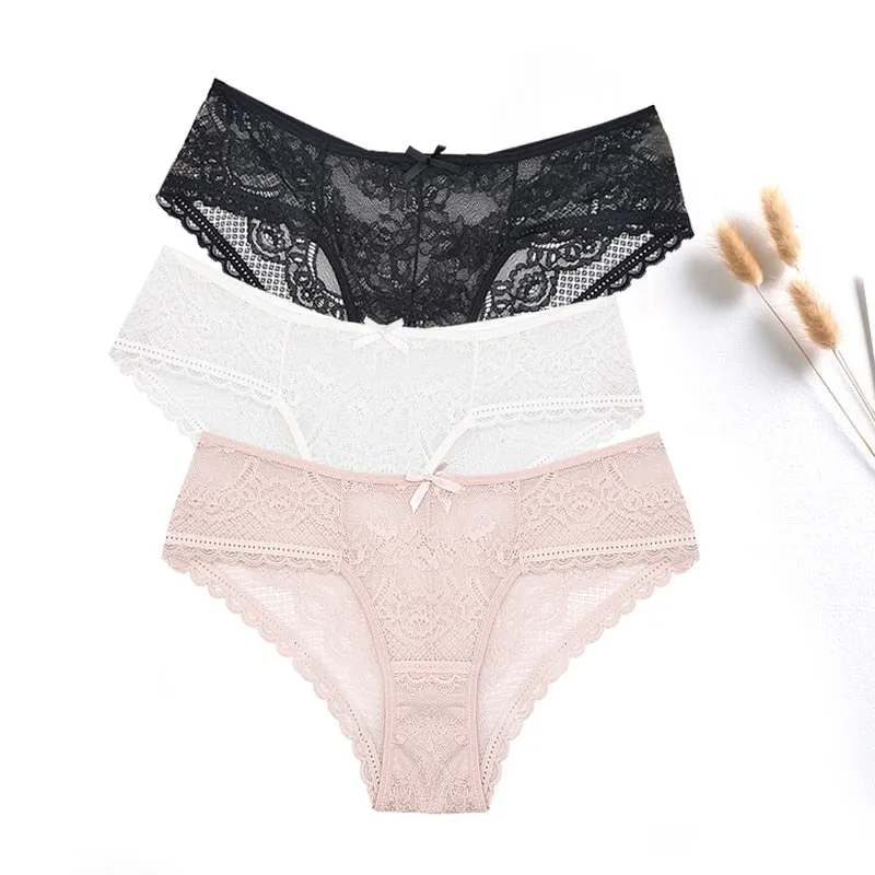 3 Pcs Women Panties Sexy Lace Underwear Set  Plus Size Briefs Transparent Lingerie Femme