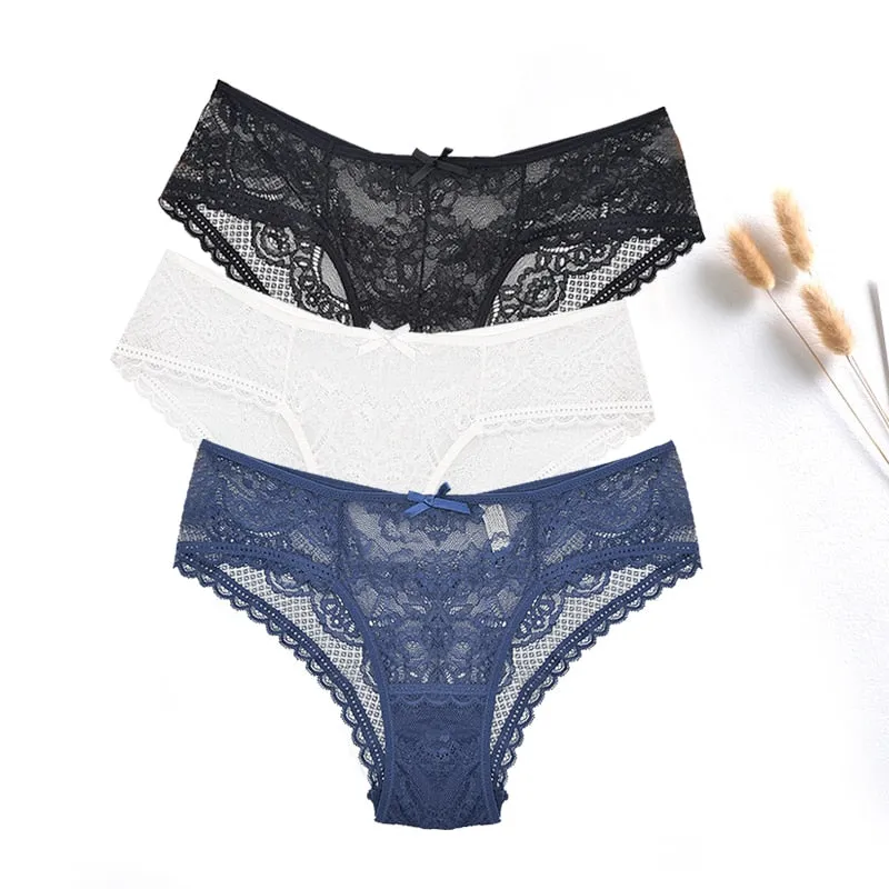 3 Pcs Women Panties Sexy Lace Underwear Set  Plus Size Briefs Transparent Lingerie Femme