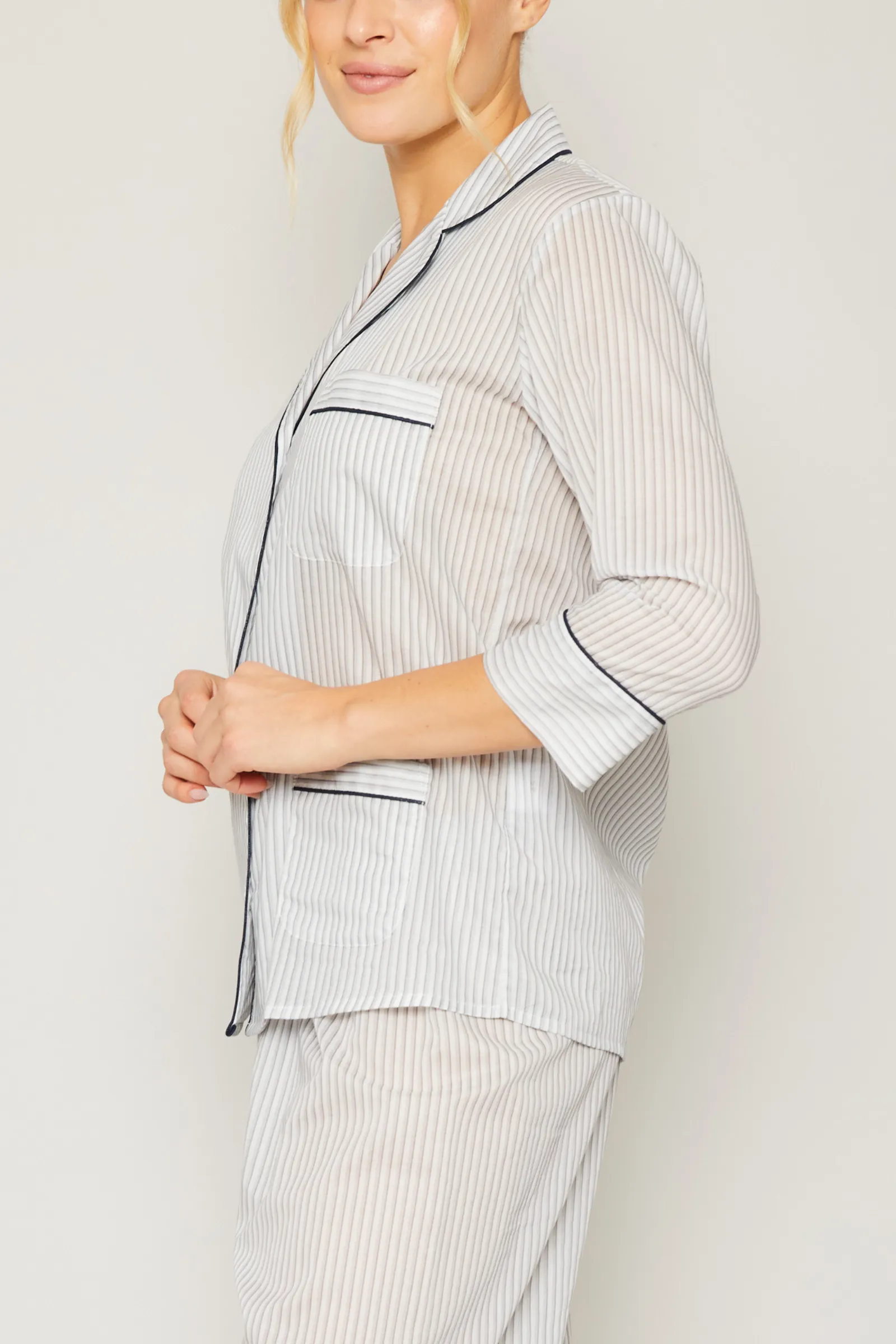 3/4 Sleeve Crop Pant Pajama Set with Piping - Grey/Navy