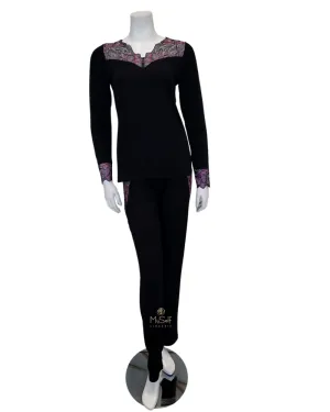 3701 Black & Pink Lace Sheer Back Modal Pajamas Set