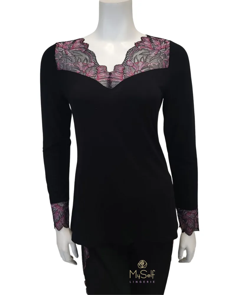 3701 Black & Pink Lace Sheer Back Modal Pajamas Set