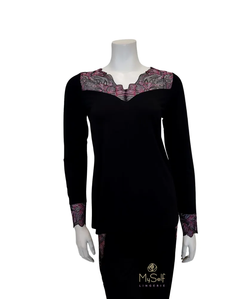 3701 Black & Pink Lace Sheer Back Modal Pajamas Set