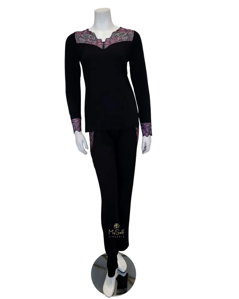 3701 Black & Pink Lace Sheer Back Modal Pajamas Set